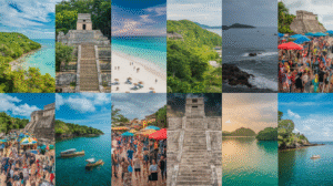 A collage of 12 images showing beaches, ancient stone ruins, green landscapes, ocean views, crowded festivals with market stalls, boats on water, and people on sandy shores under blue and cloudy skies—perfect for a Belize travel guide.