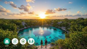 Two individuals stand at the edge of a lush, green lagoon with clear blue water at sunset. Swimmers enjoy the picturesque scene, while small buildings dot the trees. Four Belize safety icons are displayed in the bottom left corner.
