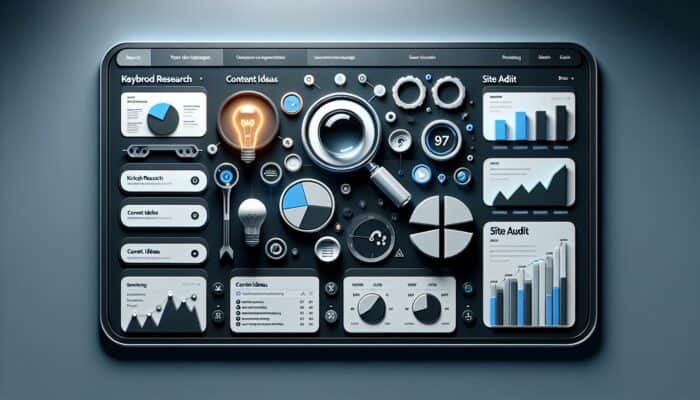 Sleek dashboard with left sidebar for tools and right panel for search results and metrics.