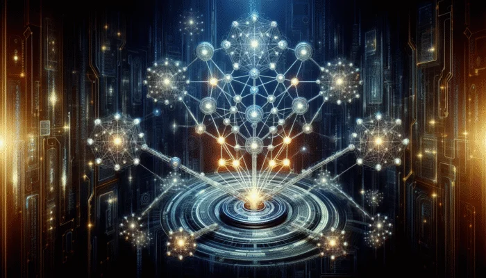 AI tool assessing glowing nodes representing high-quality backlink sources, enhancing SEO on a futuristic digital backdrop.