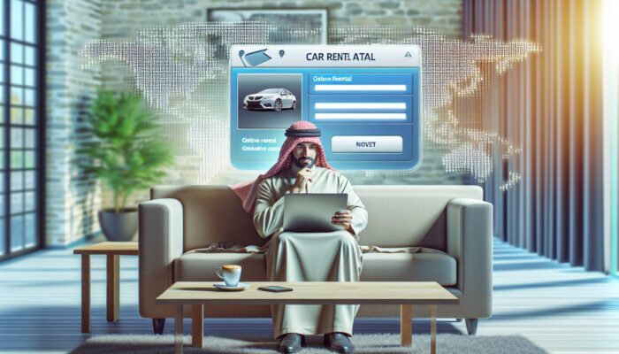 Person booking car rental online from cosy living room, with laptop, latte, and world map.