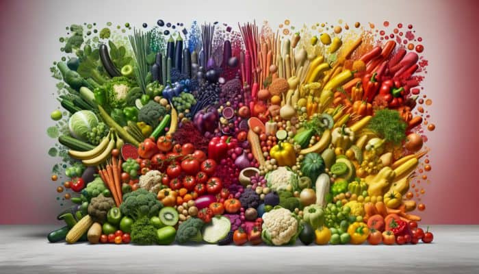 A vibrant spectrum of colourful vegetables in various shapes and sizes on a neutral background.