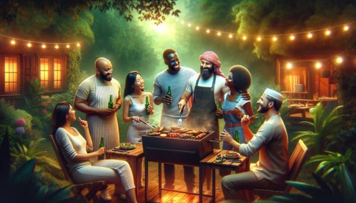 A diverse group of BBQ enthusiasts sharing tips around a large grill in a lush, inviting setting.
