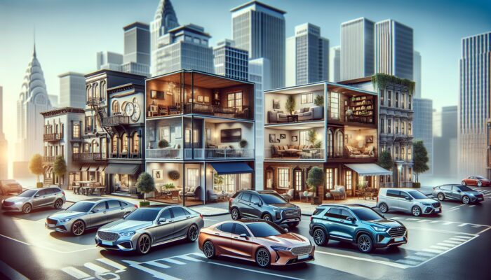 A lively city street with various vehicles including luxury sedans, economical hatchbacks, SUVs, and vans.