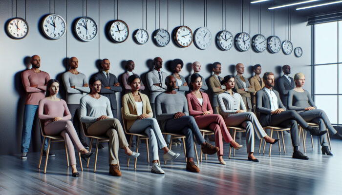 A diverse group of individuals waiting in an office with permit applications, accompanied by clocks showing different times.