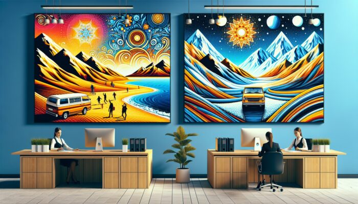A car rental office with colourful posters showing summer beach and winter mountain scenes, promoting seasonal discounts.