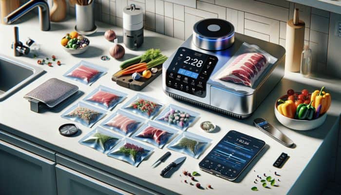 Precision cooker, vacuum-sealed bags, digital thermometer, and smartphone app arranged on a kitchen countertop for sous vide cooking.