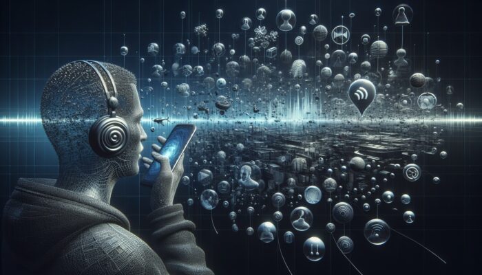 A person using voice search on a smartphone, with visualised sound waves and text bubbles in a tech setting.