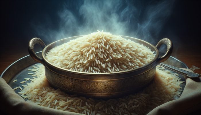 How to Cook a Fragrant Iranian Pilaf: Close-up of Basmati rice grains, long and slender, with a nutty aroma, surrounded by steam, on a traditional Iranian pilaf.