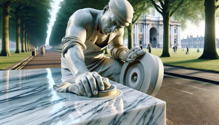 Artisan polishing marble using traditional powder paste in Cottenham Park, enhancing shine and resilience.