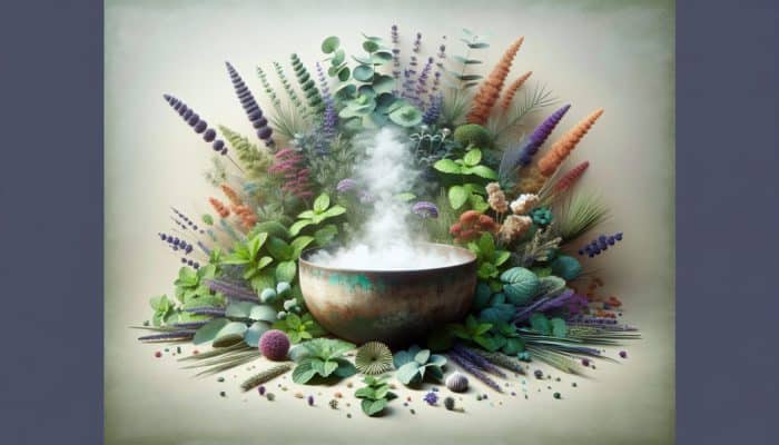 A peaceful spa setting featuring eucalyptus, mint, and lavender surrounding a steaming bowl for inhalation.