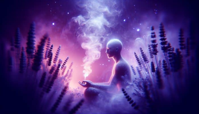 Individual inhaling calming lavender steam in a peaceful home spa, surrounded by soothing purple tones.