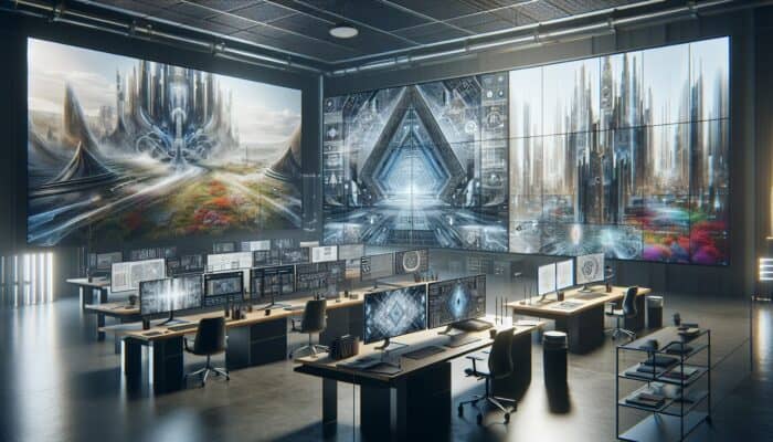 A modern workspace with screens showcasing architectural and landscape images in WebP, along with browser compatibility charts and fallback options.