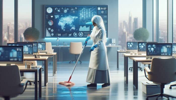 A professional cleaner sanitising a modern office, emphasising hygiene and cleanliness.