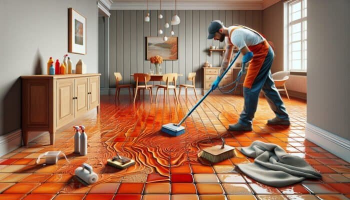 A professional cleaner restoring a vibrant terracotta floor in a UK home with specialised tools.