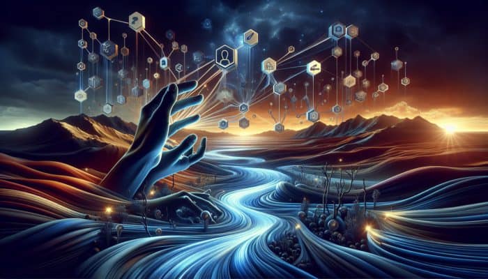 Illustration of hands reaching for luminous streams of light symbolising link equity in a digital environment.