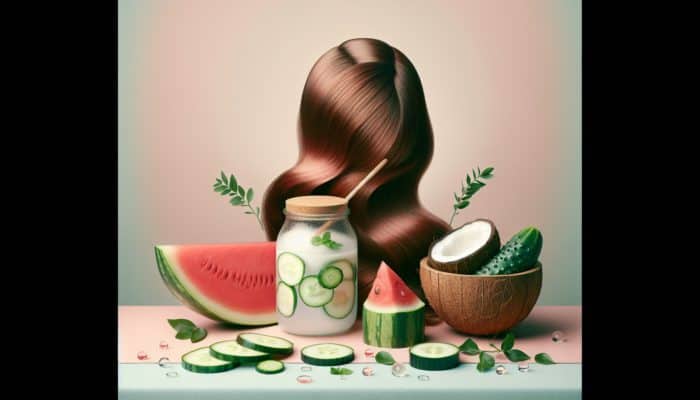 A still life of watermelon, cucumber, and coconut water surrounding healthy hair on a pastel backdrop.