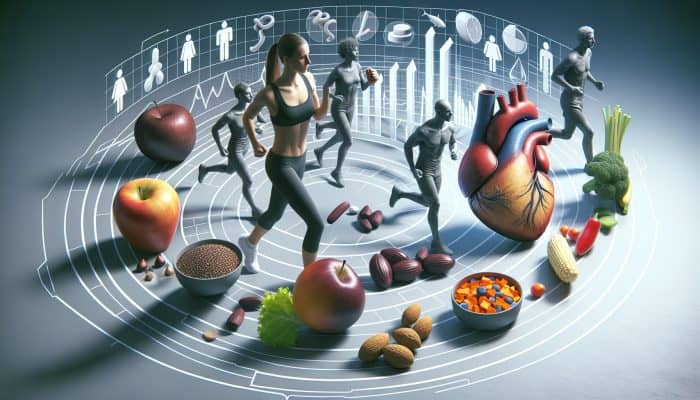 Infographic detailing the effects of diet and exercise on cholesterol, illustrating the roles of fats, fibre, and physical activity.