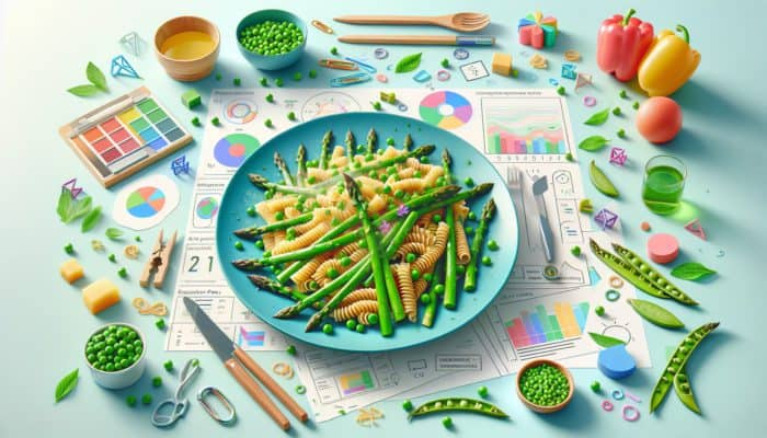A colourful spring pasta dish featuring sautéed asparagus and steamed garden peas on a vibrant table.