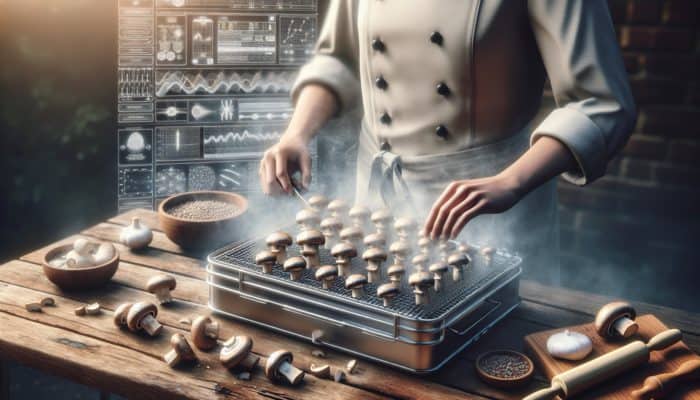 A chef meticulously preparing mushrooms for smoking: slicing, seasoning, and arranging on a smoker rack with aromatic smoke rising.