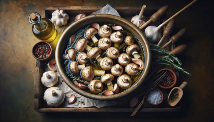 Marinated mushrooms with olive oil, garlic, and fresh herbs like thyme and rosemary, ready for smoking.