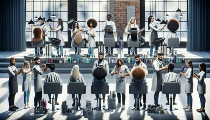 A diverse group of hairstylists demonstrating care techniques tailored for various hair textures in a contemporary salon setting.