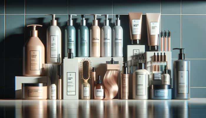 A selection of hair care products displayed on a shelf, designed to enhance the shine and health of colour-treated hair.