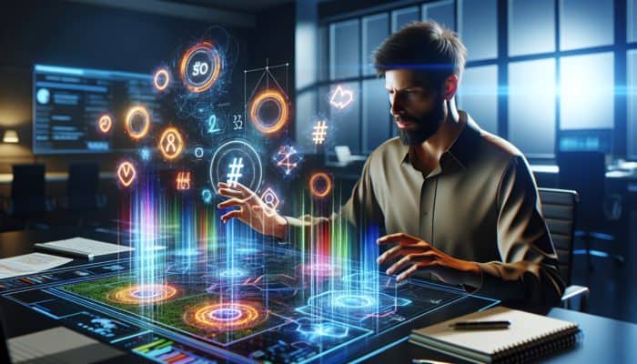 A digital marketing expert scrutinising trending hashtags on a futuristic screen featuring SEO graphs and vibrant data visualisations in a modern office setting.