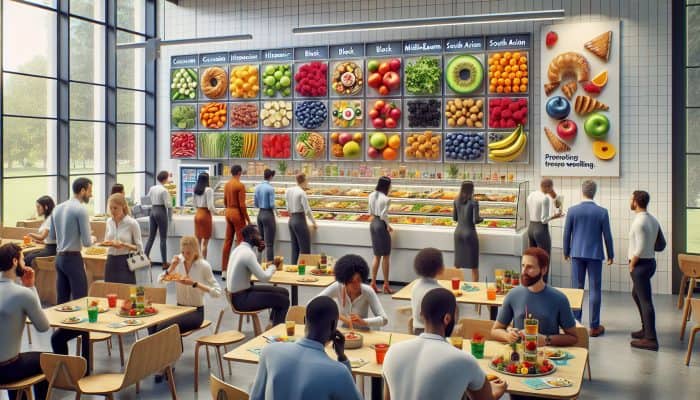 A bustling UK office cafeteria featuring a variety of food choices, including salads, fruits, and pastries, along with wellness posters promoting healthy eating.