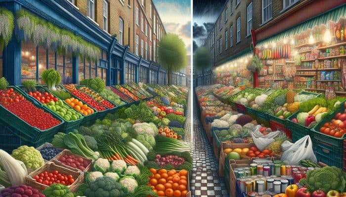 Affluent UK neighbourhoods featuring fresh produce markets contrasted with food deserts characterised by processed foods in lower socioeconomic areas.