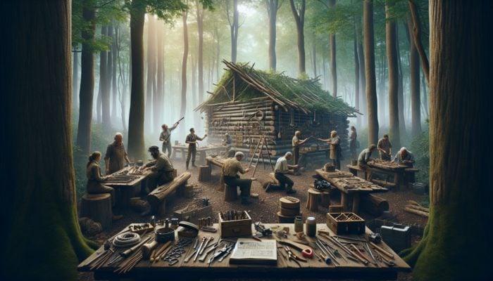 Experts showcasing the construction and use of DIY survival traps in a rustic forest workshop, surrounded by nature.