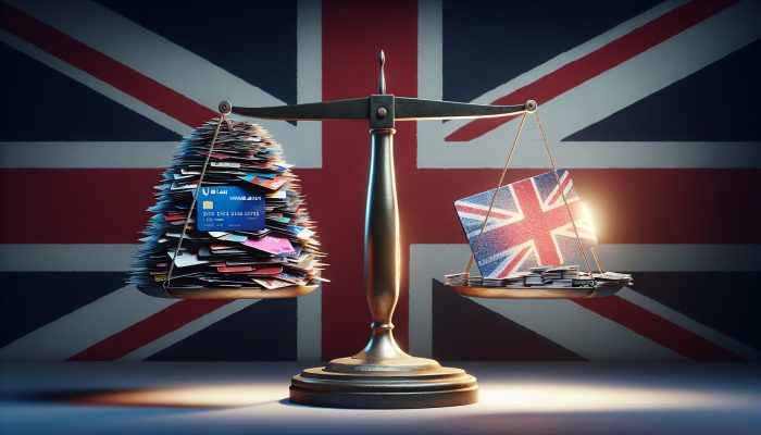 A balance scale featuring credit cards and loans on one side, and a glowing loan document on the other, set against the backdrop of the UK flag.