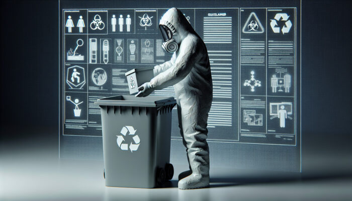 Individual in hazmat suit disposing of hazardous waste into a recycling bin, with legal documents and guidelines nearby.