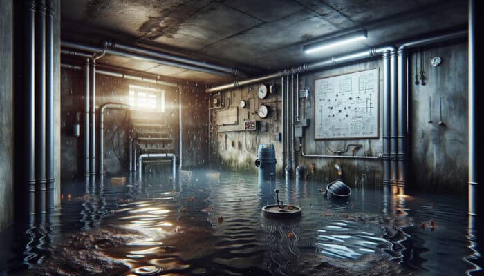 A flooded basement exhibiting debris-clogged drains, malfunctioning sump pump, and evidence of improper installation and water infiltration.