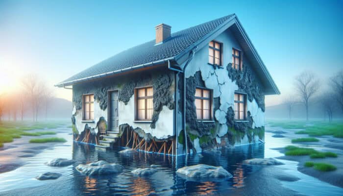 A home exhibiting structural damage and mould due to poor drainage, with water pooling around the foundation.