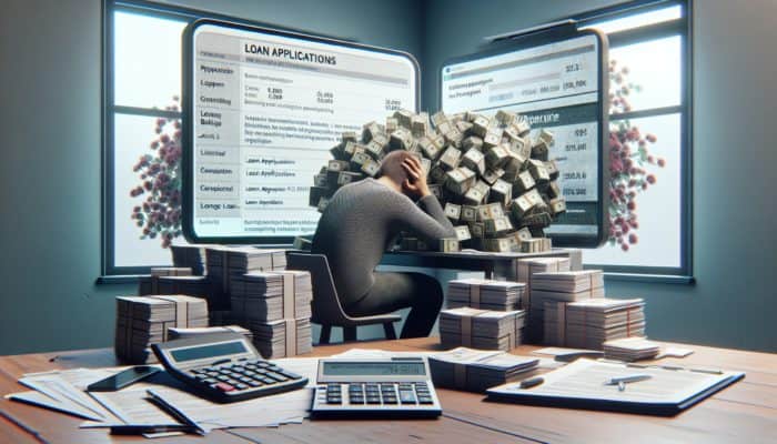 A stressed individual at a cluttered desk dealing with loan forms, calculator, and computer displaying bank logos.