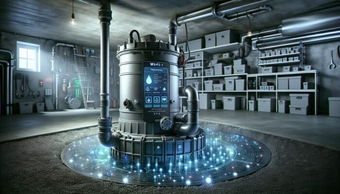 Advanced smart sump pump with Wi-Fi in a modern crawl space, surrounded by innovative waterproofing, displaying digital moisture and performance data.