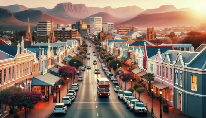 A historic street in Graaff-Reinet with charming homes near parks and shopping centres, highlighting high property values.