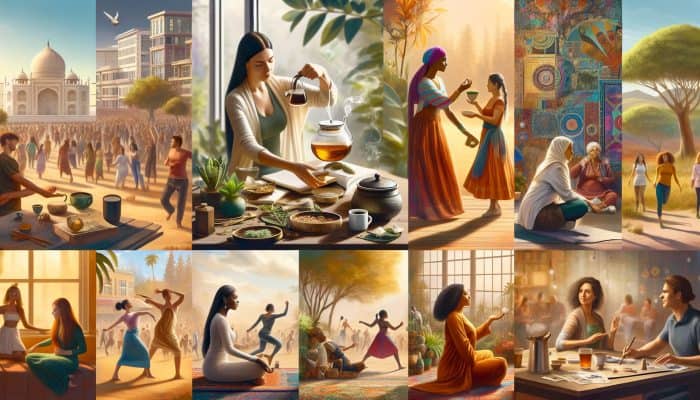 Women’s Health Across Cultures: Diverse women engaging in culturally influenced health practices like herbal remedies, dances, and medical consultations.
