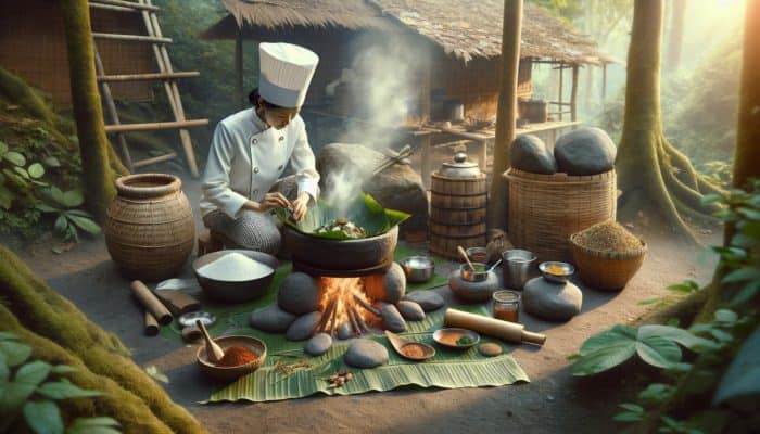 Cooking Without Utensils: A chef using natural methods to cook outdoors, employing leaves, stones, fire, and bamboo.