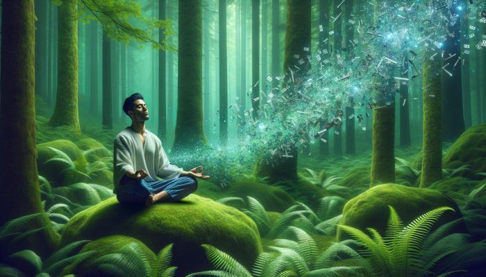 Debt Consolidation and Mental Health Benefits: A UK Guide | DCL A person meditating in a forest with breaking chains, symbolising debt consolidation and mental peace.