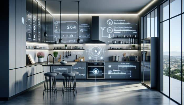 Essential Kitchen Gadgets for 2025: Modern smart kitchen with sleek appliances, home automation integration, real-time cooking monitoring on smartphone, voice command, energy efficiency display.