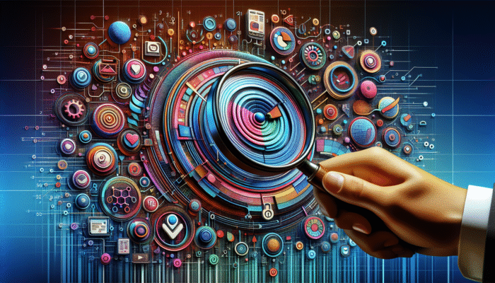 A digital interface with graphs, user icons, and a magnifying glass focusing on a target, illustrating content optimisation.