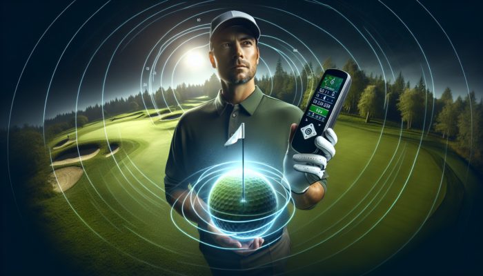 A golfer utilising a handheld GPS device on a lush golf course, showcasing satellite imagery that indicates distances to the flag and hazards.