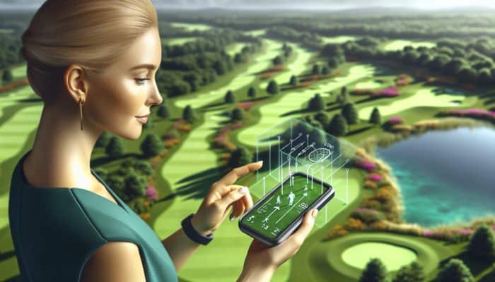 A golfer utilising a modern GPS device on a vibrant green course under a sunny sky.