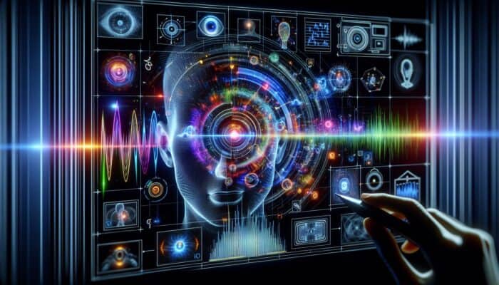 Optimising Videos For AI Overviews: AI analysing video with overlays highlighting objects, movements, facial expressions, and audio analysis.