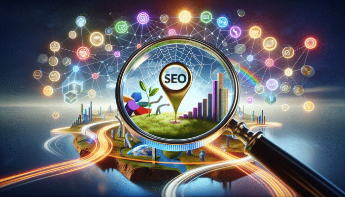 Leading SEO Company in Yeovil, Somerset: A magnifying glass emphasising "SEO" and "ESSENTIAL" amid icons of business growth and search rankings.