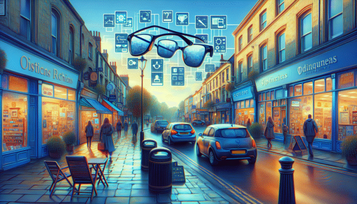 A busy street in Yeovil showcasing various businesses with SEO-optimised signs and digital screens for local services.