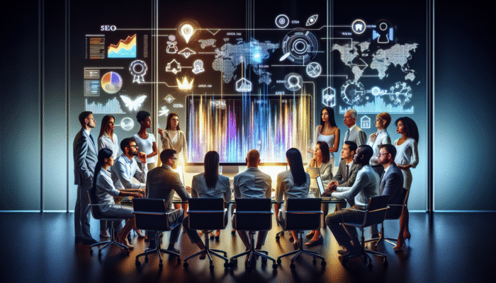 A group of professionals analysing SEO analytics on a computer screen in a contemporary office environment.