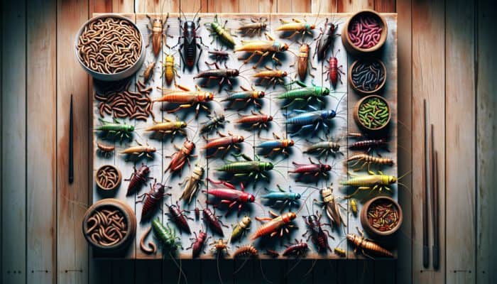 Edible Insects Guide: Colourful edible insects like crickets, mealworms, and grasshoppers on a rustic table, sustainable protein source.
